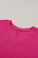 Bright Pink Crinkled V Neck Wide Sleeve T-shirt - SELFTRITSS