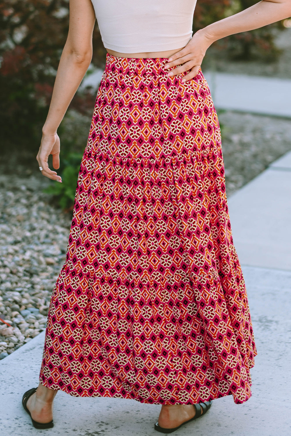 Rose Vintage Boho Floral Print Tiered Maxi Skirt - SELFTRITSS