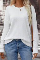 White Round Neck Drop Shoulder Textured Knit Top - SELFTRITSS