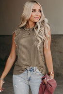 Khaki Striped Crew Neck Ruffled Tank Top - SELFTRITSS   