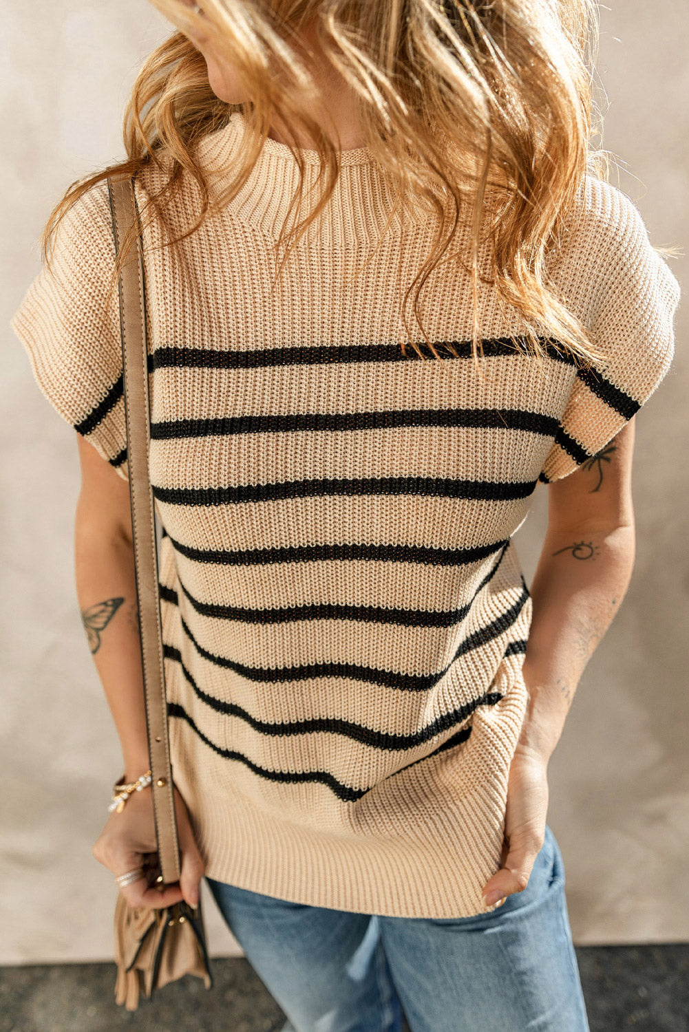 Parchment Striped Ribbed Knit High Neck Sweater - SELFTRITSS   