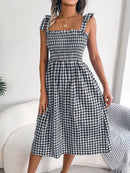 Frill Plaid Square Neck Midi Dress - SELFTRITSS   