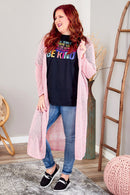 Pink Sheer Knitted Long Side Slit Plus Size Cardigan - SELFTRITSS