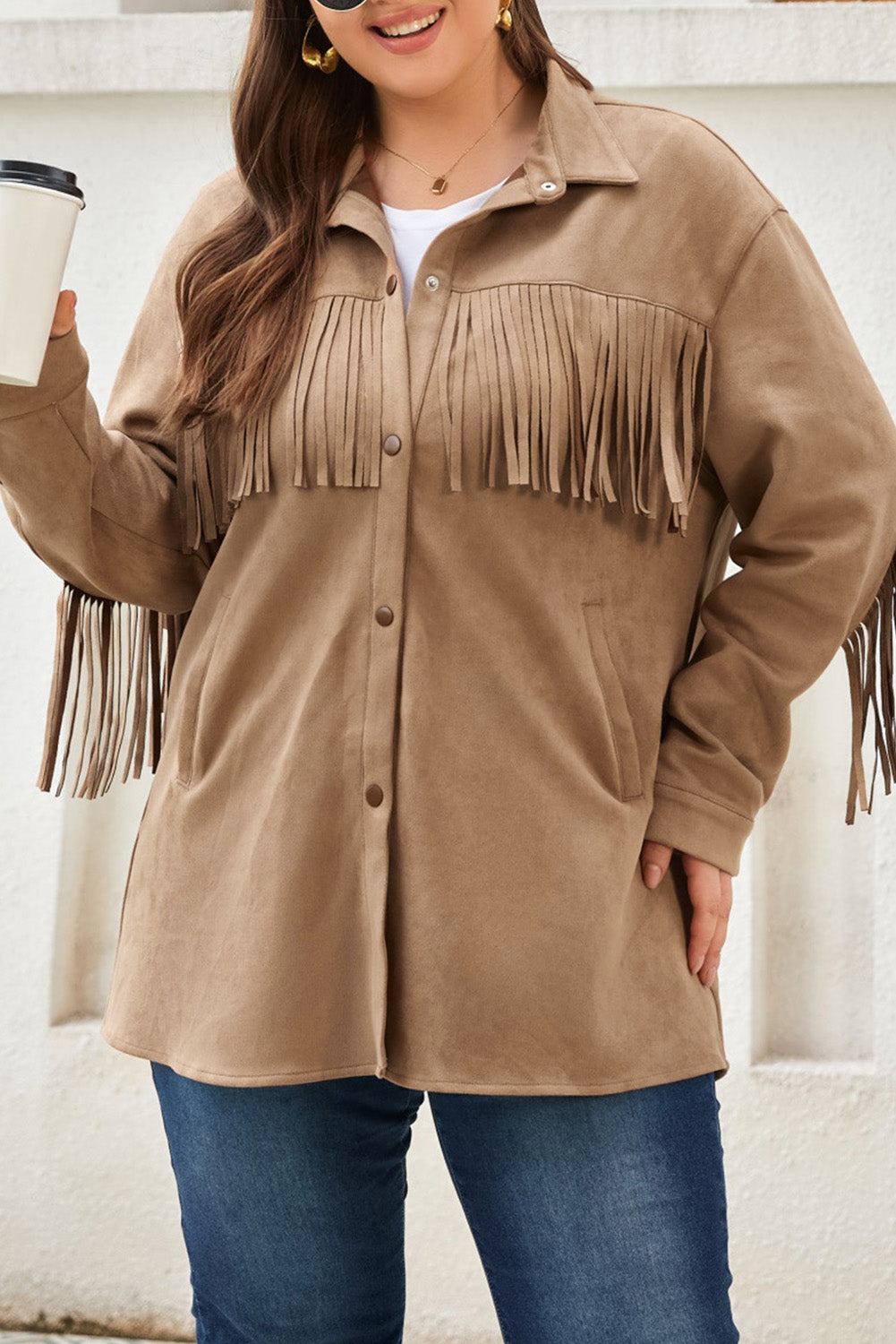 Khaki Fringe Trim Plus Size Suede Shacket - SELFTRITSS