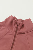 Brown Zip Up Stand Collar Ribbed Thumbhole Sleeve Sweatshirt - SELFTRITSS