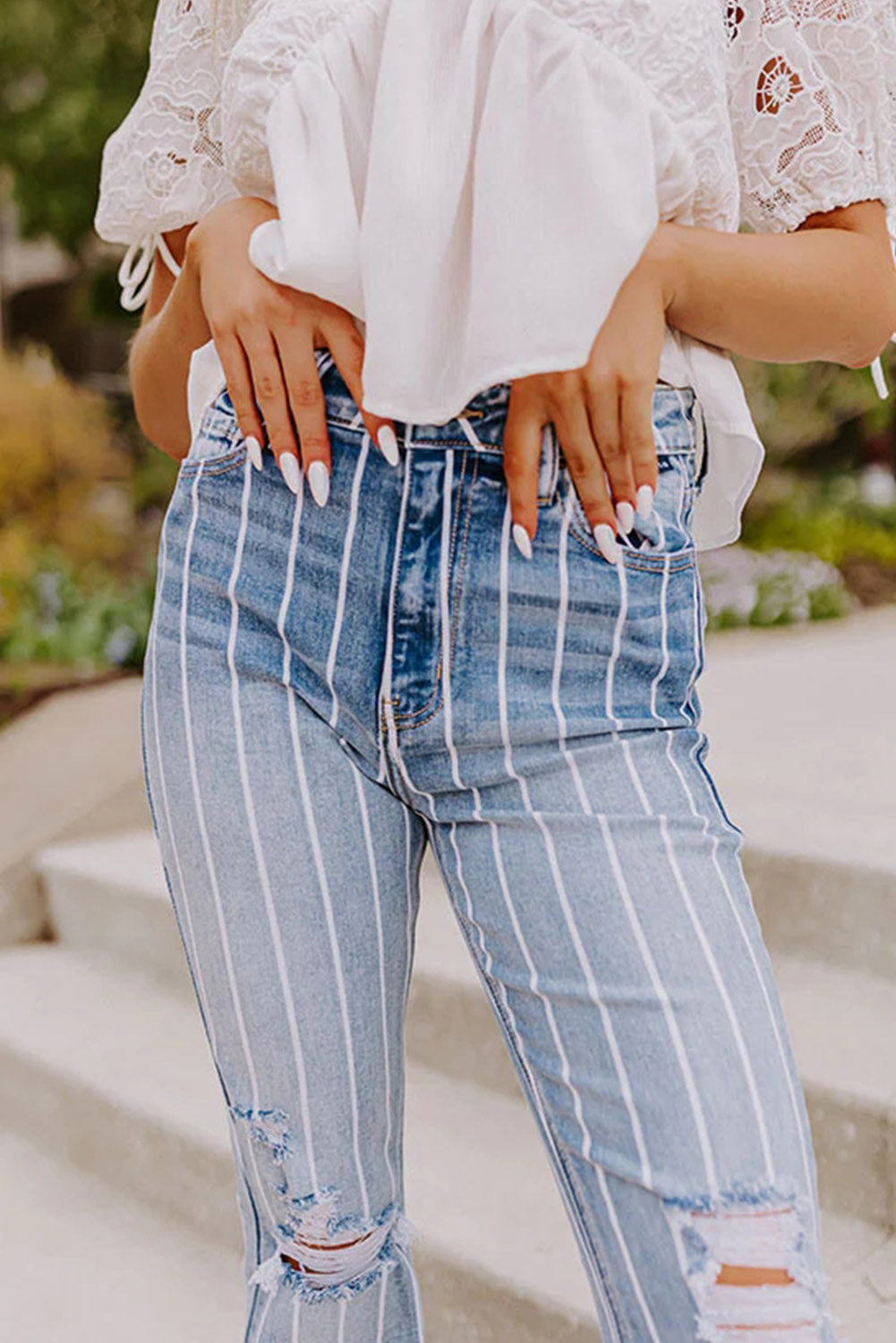 Sky Blue Vertical Striped Ripped Flare Jeans - SELFTRITSS