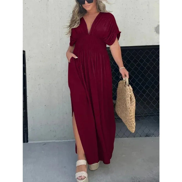 Women's Fashion Bat-sleeved V-neck Slit Dress