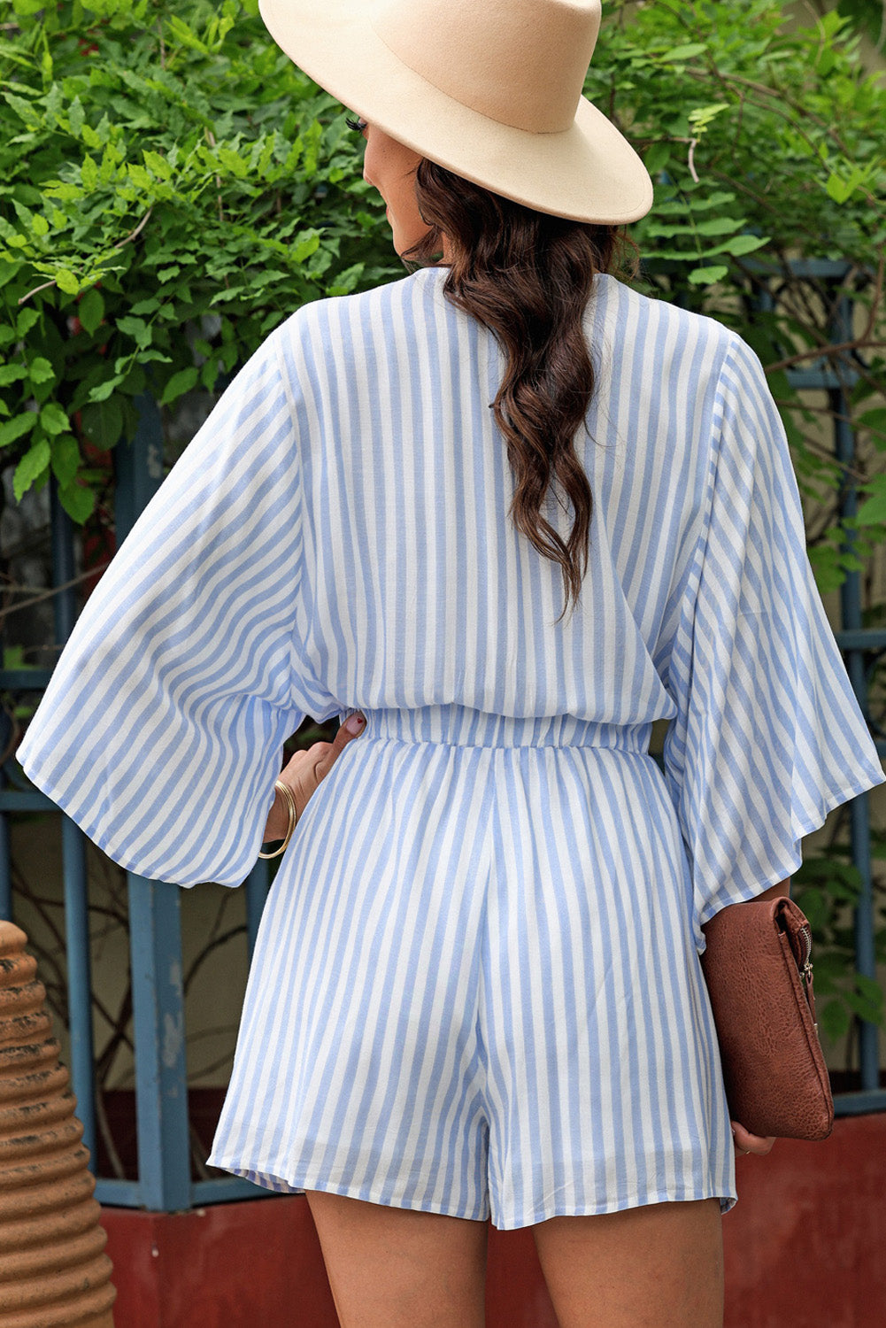 Tied Striped Three-Quarter Sleeve Romper - SELFTRITSS