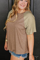 Light French Beige Striped Raglan Sleeve Crewneck Plus Size T Shirt - SELFTRITSS