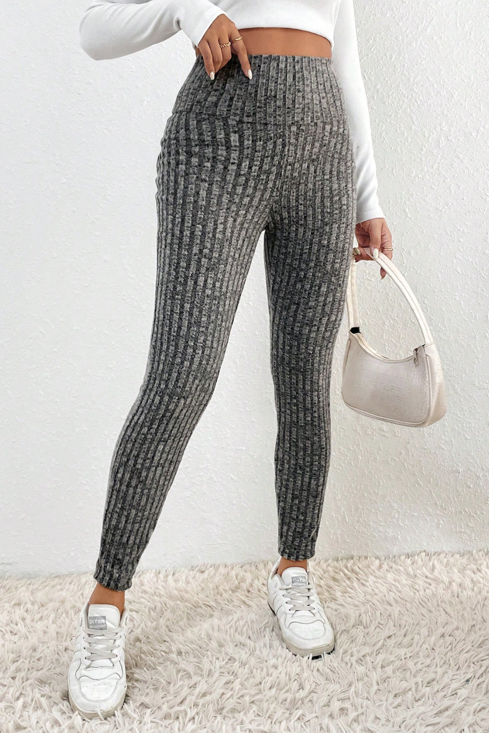 Gray Wide Waistband Ribbed Leggings - SELFTRITSS   