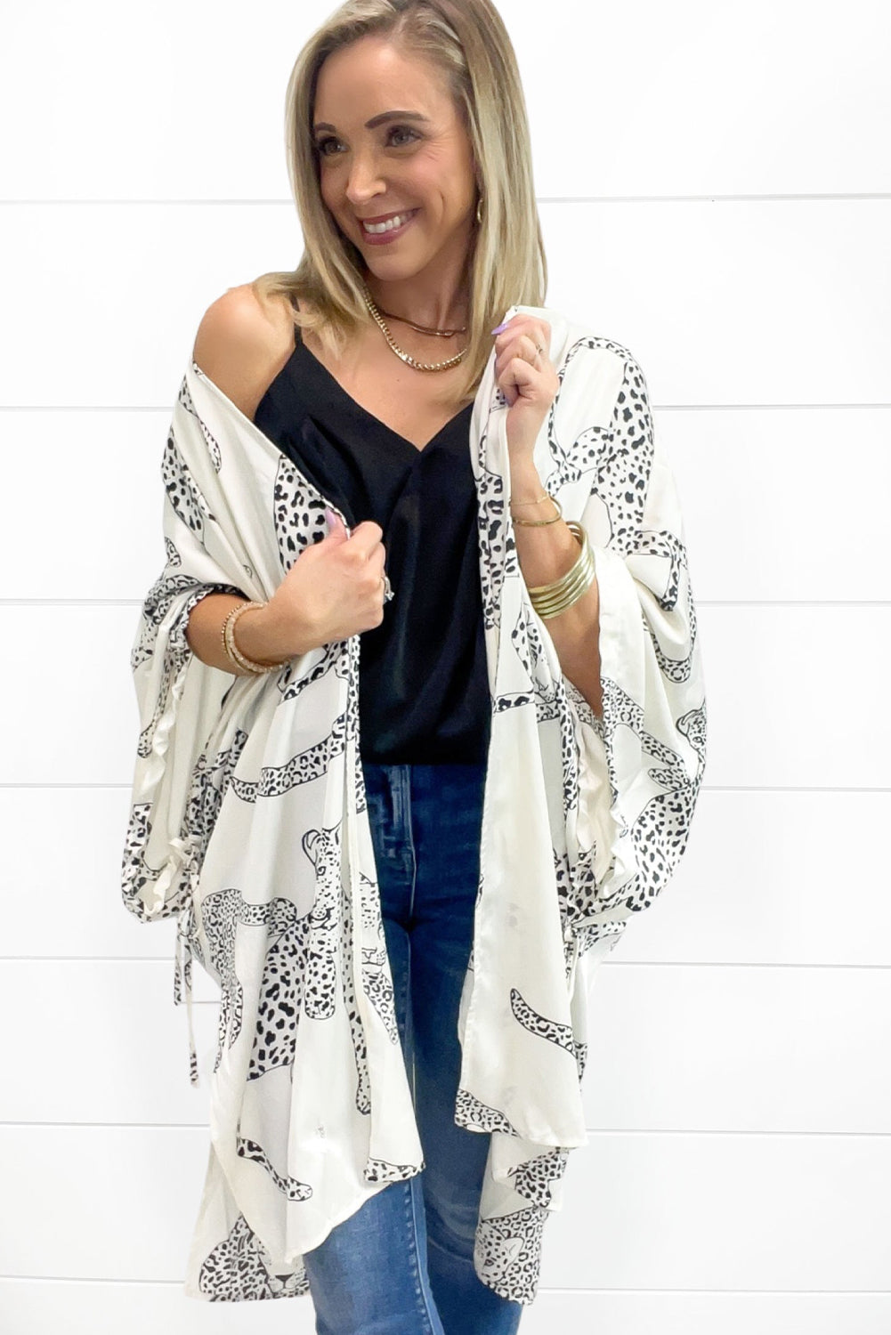 White Cheetah Print Loose Fit Open Front Kimono - SELFTRITSS