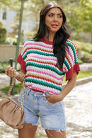 Fiery Red Trimmed Ruffle Sleeve Colorful Textured Sweater - SELFTRITSS   