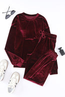 Fiery Red Solid Velvet Two Piece Lounge Set - SELFTRITSS