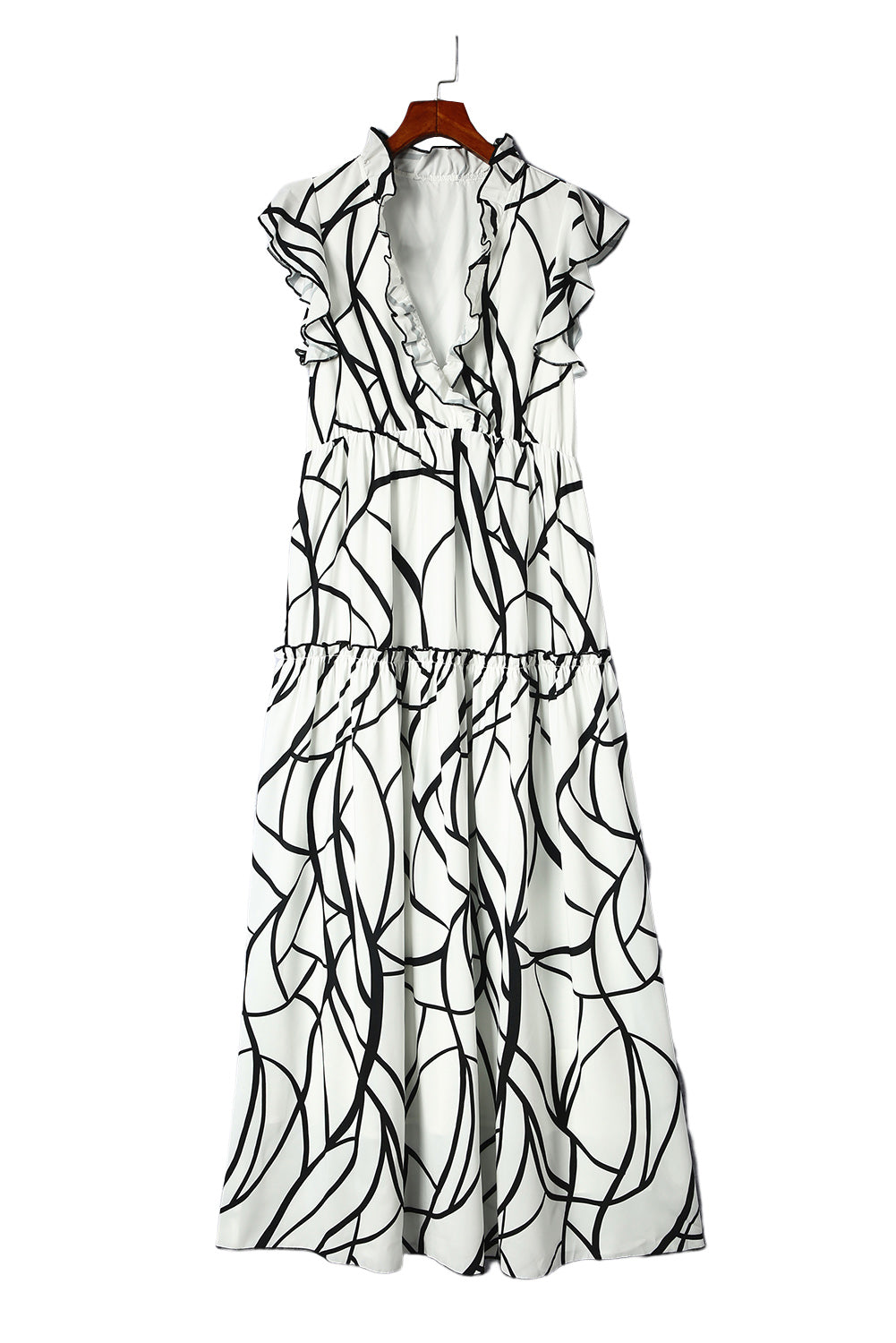 White Abstract Vein Print V Neck Ruffle Maxi Dress - SELFTRITSS