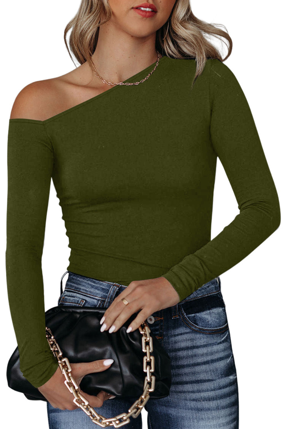Green Asymmetrical Neckline Long Sleeve Knit Top - SELFTRITSS