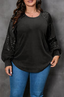 Black Plus Size Sequin Patchwork Crew Neck Long Sleeve Top - SELFTRITSS