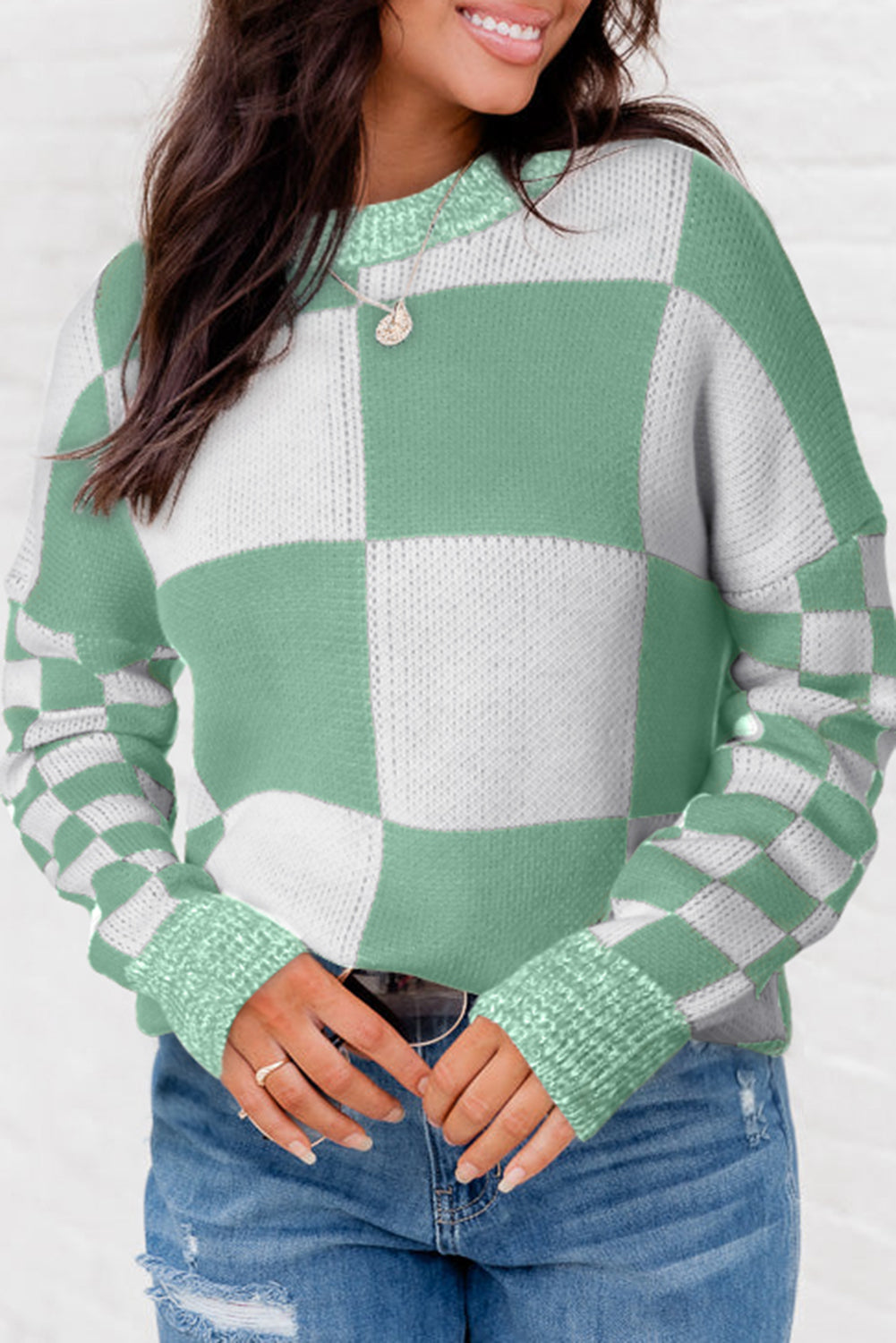 Mint Green Checkered Print Drop Shoulder Sweater - SELFTRITSS   