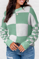 Mint Green Checkered Print Drop Shoulder Sweater - SELFTRITSS   