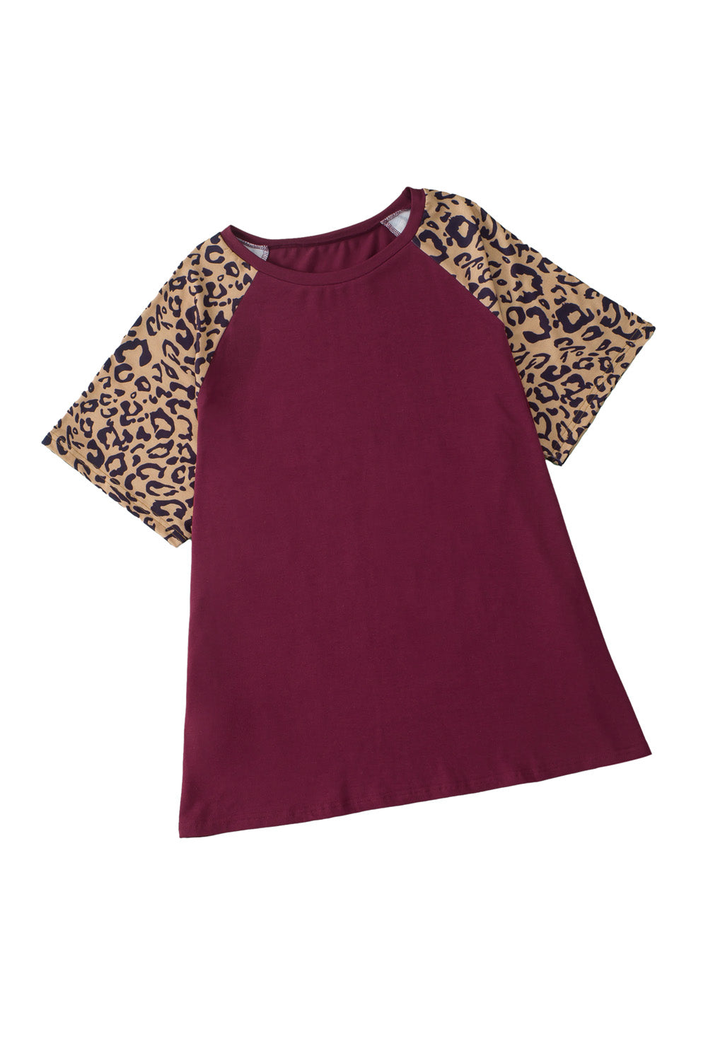 Burgundy Contrast Leopard Raglan Sleeve Plus Size T-shirt - SELFTRITSS