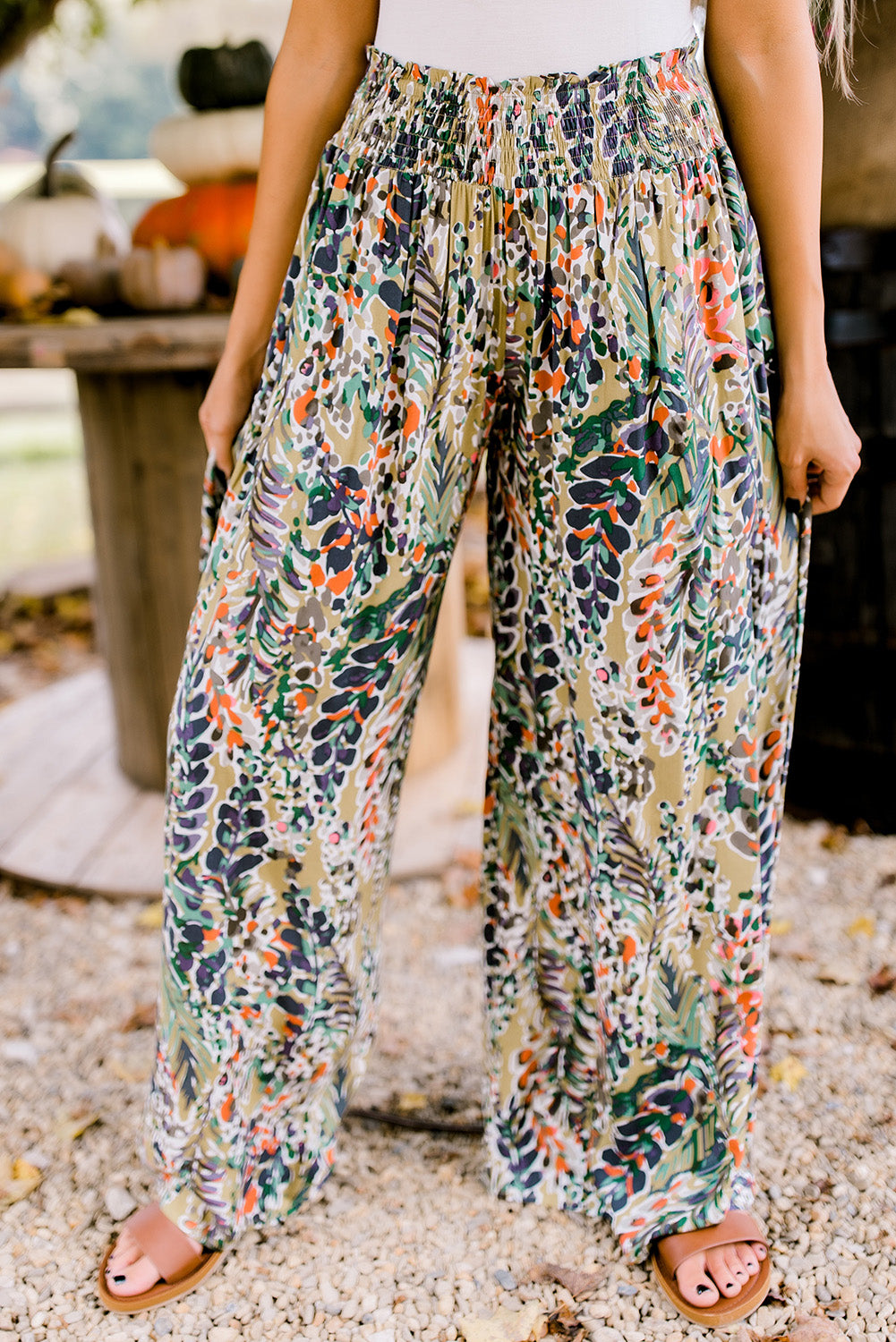 Multicolor Floral Print Shirred High Waist Wide Leg Casual Pants - SELFTRITSS