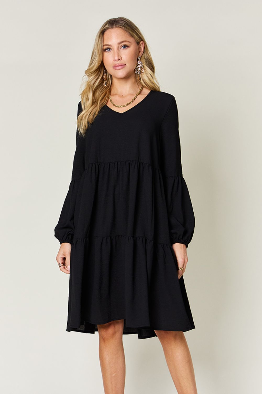 Double Take Full Size V-Neck Balloon Sleeve Tiered Dress - SELFTRITSS   