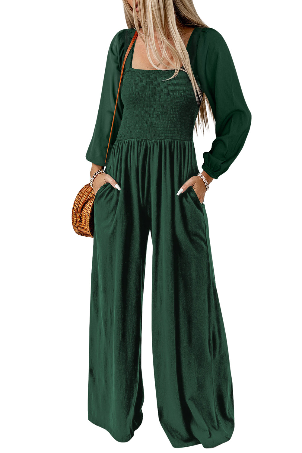 Green Smocked Square Neck Long Sleeve Wide Leg Jumpsuit - SELFTRITSS   