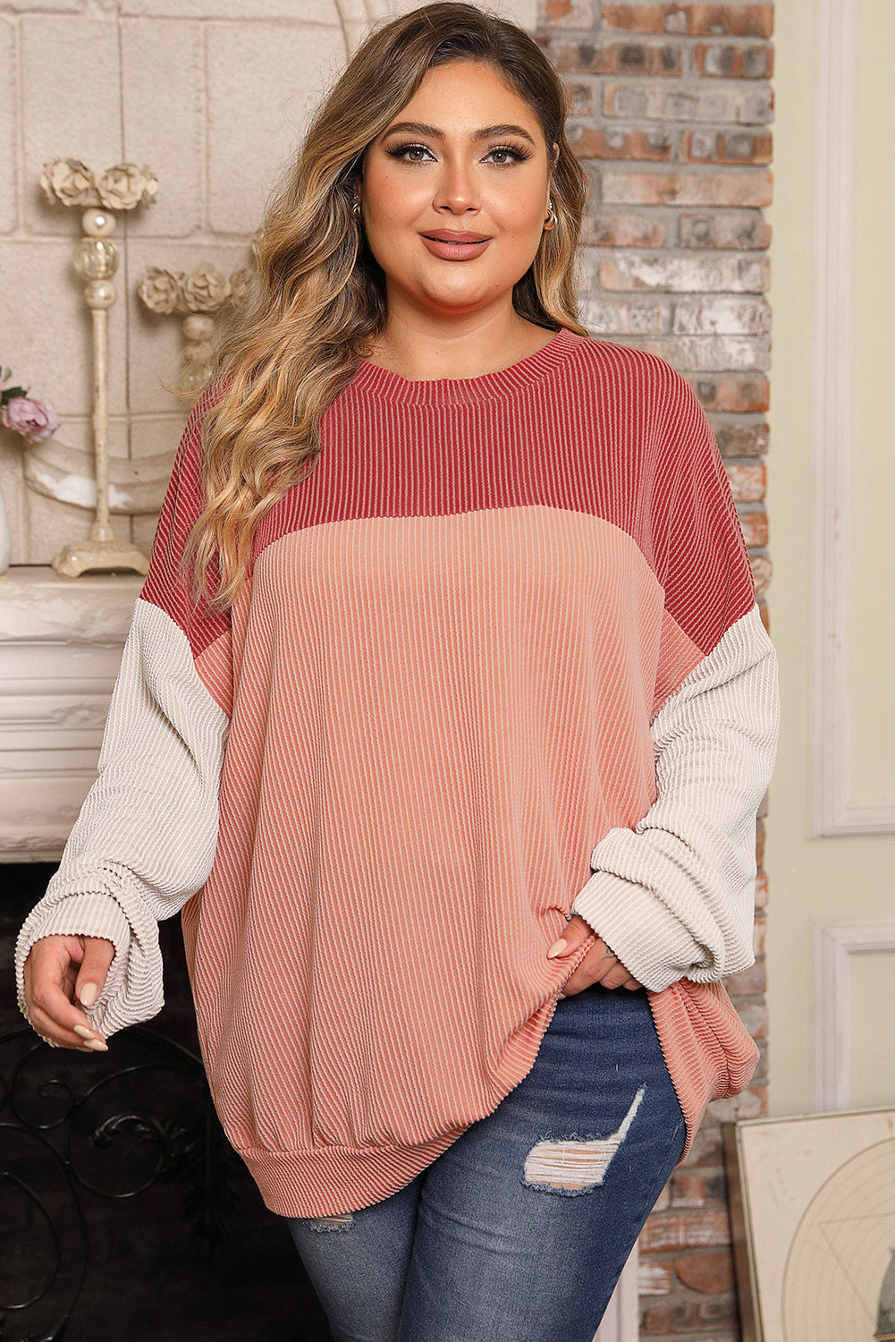 Mineral Red Plus Size Ribbed Colorblock Long Sleeve Top - SELFTRITSS
