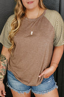 Light French Beige Striped Raglan Sleeve Crewneck Plus Size T Shirt - SELFTRITSS