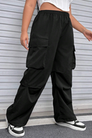 Black Plus Size Flap Pocket Elastic Waist Cargo Pants - SELFTRITSS