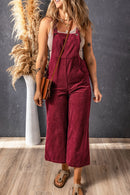 Fiery Red Solid Color Corduroy Wide Leg Bib Overalls - SELFTRITSS   