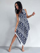 Fringe Printed Single Shoulder Dress - SELFTRITSS