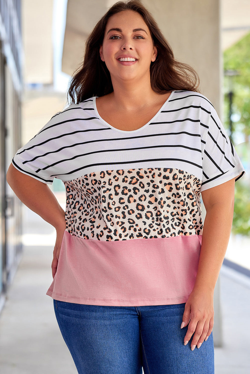 Striped Leopard Color Block Plus Size T-Shirt - SELFTRITSS   