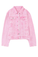 Pink Acid Wash Button Flap Pocket Denim Jacket - SELFTRITSS   