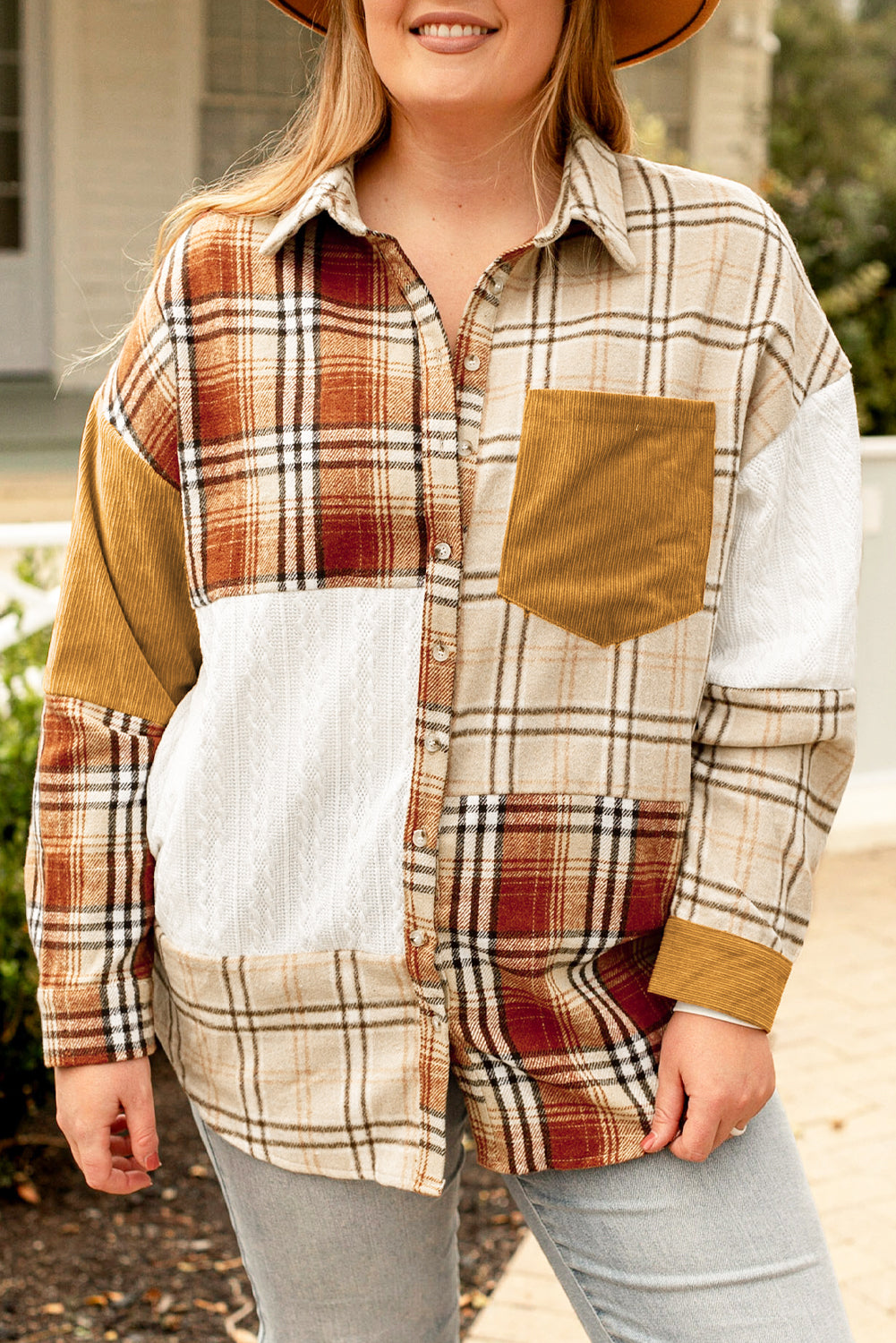 Golden Apricot Plus Size Plaid Patchwork Button up Shacket - SELFTRITSS   