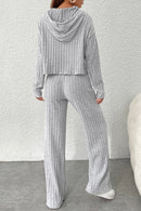 Gray Ribbed Knit Slouchy Hoodie Wide Leg Pants Set - SELFTRITSS