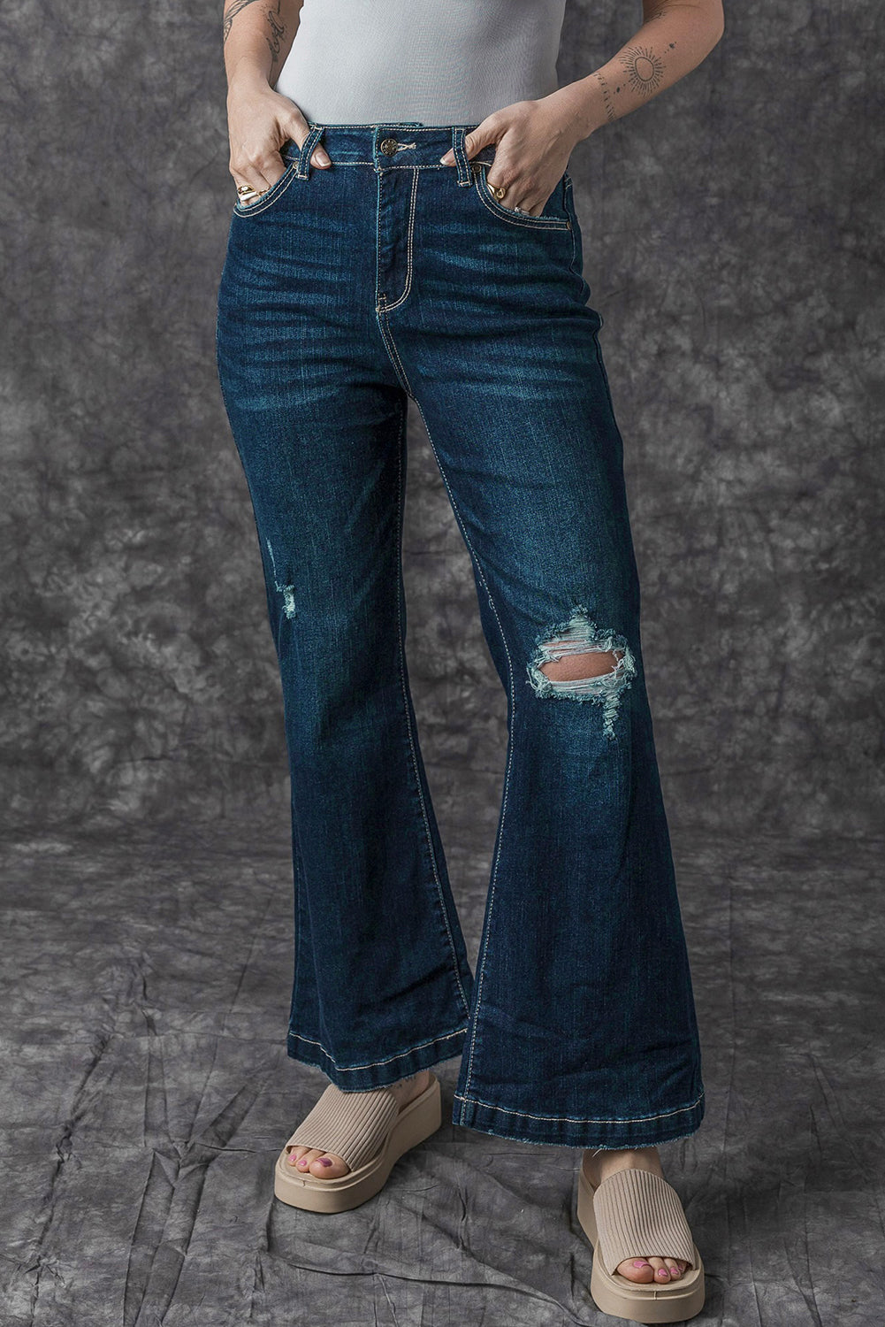 Real Teal High Rise Ripped Bell Bottom Jeans - SELFTRITSS