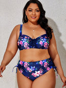 Plus Size Printed Drawstring Detail Bikini Set - SELFTRITSS   