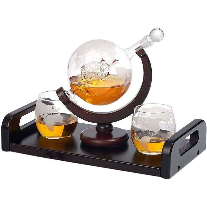 Etched Globe Whiskey Decanter + 2 Whiskey Glasses On Rich