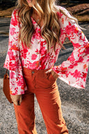 Pink Floral Print Tiered Bell Long Sleeve Buttoned Bodysuit - SELFTRITSS