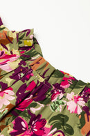 Green Floral Print Ruched Flutter Sleeve Frilled Neck Mini Dress - SELFTRITSS