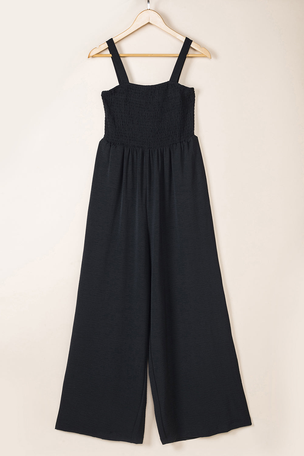 Black Smocked Sleeveless Wide Leg Jumpsuit with Pockets - SELFTRITSS