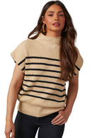 Parchment Striped Ribbed Knit High Neck Sweater - SELFTRITSS   