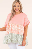 Pink Ruffled Short Sleeve Leopard Splicing Flowy Plus Size Top - SELFTRITSS   