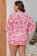 Pink Floral Ruffled Half Sleeve V-Neck Plus Size Blouse - SELFTRITSS