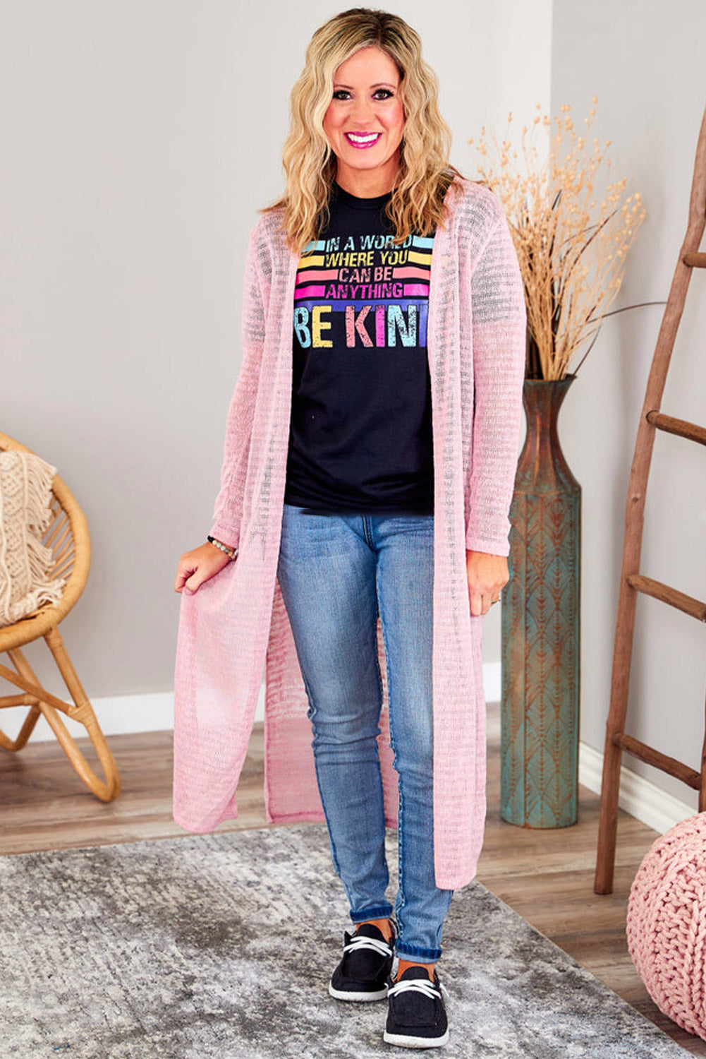 Pink Sheer Knitted Long Side Slit Plus Size Cardigan - SELFTRITSS