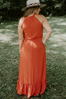Russet Orange Plus Size Ruffled Hem Sleeveless Long Dress - SELFTRITSS