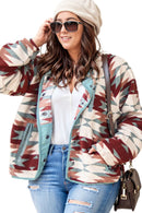 Fiery Red Geometric Aztec Pattern Plus Size Fleece Jacket - SELFTRITSS   