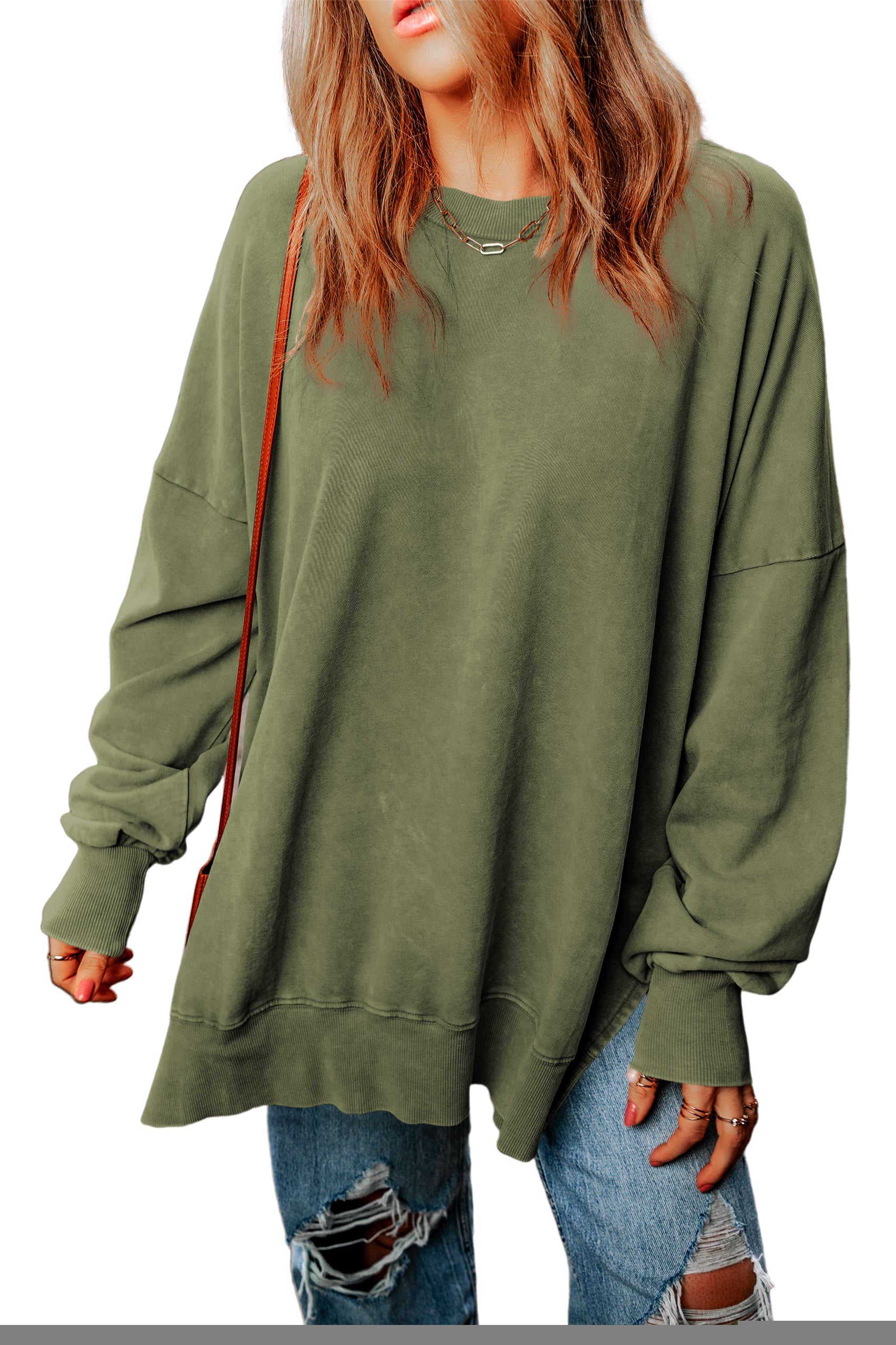 Green Drop Shoulder Ribbed Trim Oversized Sweatshirt - SELFTRITSS   