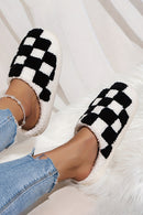 Black Checkered Print Fuzzy Slip On Winter Slippers - SELFTRITSS   