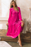 Rose Red Shirred V Neck Long Sleeve Velvet Dress - SELFTRITSS